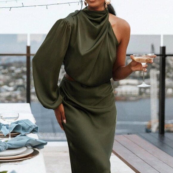 Army Green Elegant Women's Mock Neck Cut Out Waist Lantern Sleeve Dress - Picture 1 of 7